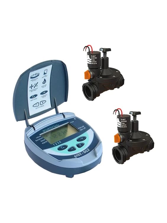 בקר השקיה גלקון 6102 DC2 פתוח עם שני ברזים חשמליים