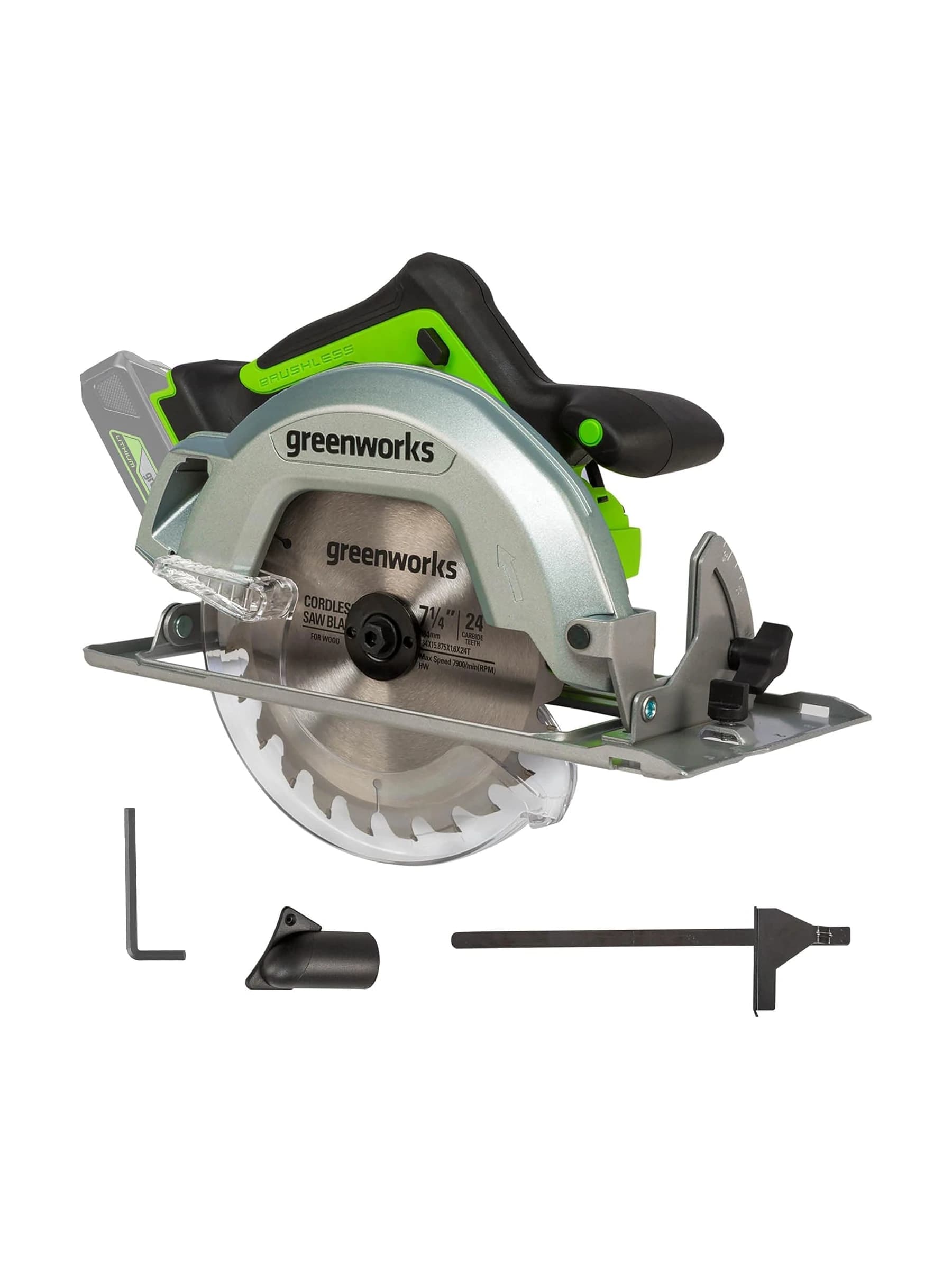 מסור עגול 18 ס״מ 24 וולט נטען, Greenworks CRD401: גוף בלבד: המסור עם הלהב, ומתחתיו מפתח אלן, מחבר אבק ומוביל מקביל, על רקע לבן