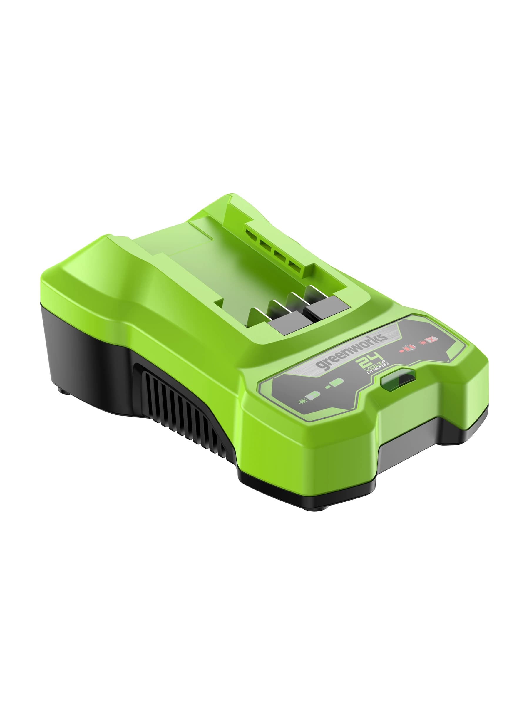 מטען מהיר 24 וולט עם מחוון טעינה, Greenworks G24C: מטען 4 אמפר מהצד השני, פתחי האוורור ומסילת הסוללה, על רקע לבן