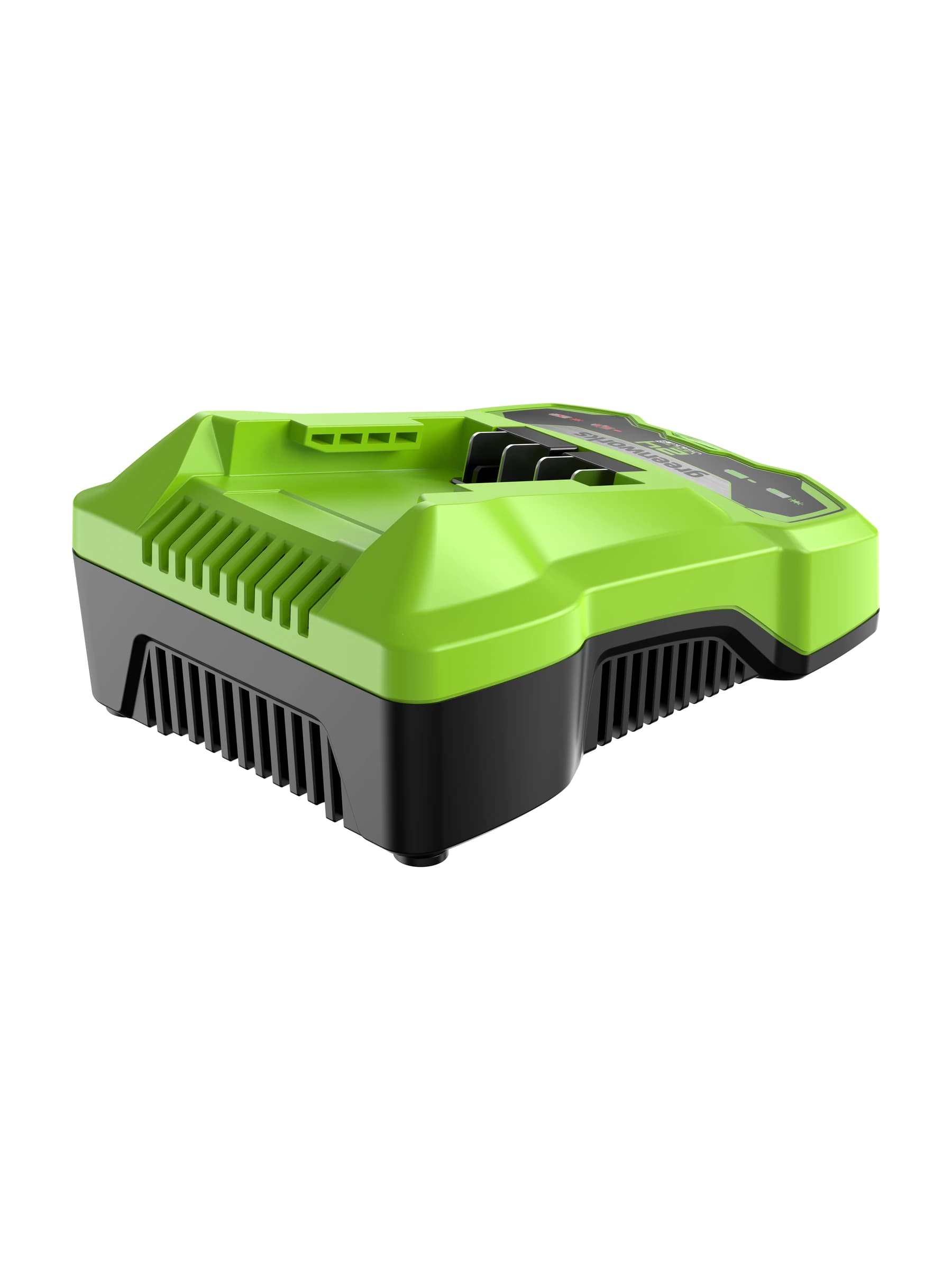 מטען מהיר 24 וולט עם מחוון טעינה, Greenworks G24C: מטען 4 אמפר מאחור בגובה נמוך, פתחי הקירור של המאוורר, על רקע לבן