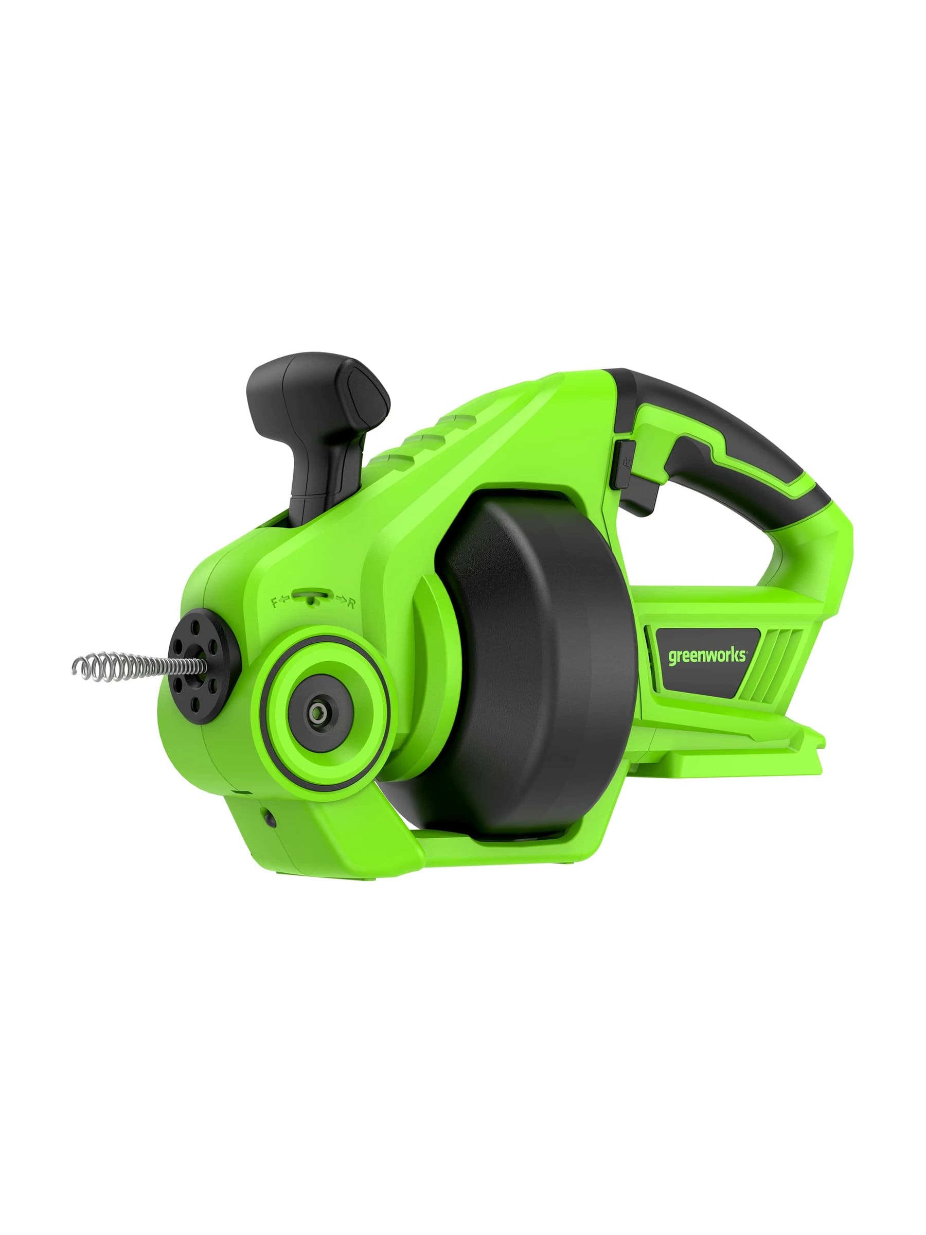 פתיחת סתימות 24 וולט נטענת גוף בלבד, Greenworks G24DA: מבט מהצד על תוף הספירלה, על ידית הנשיאה ועל הידית האחורית, בלי סוללה, על רקע לבן