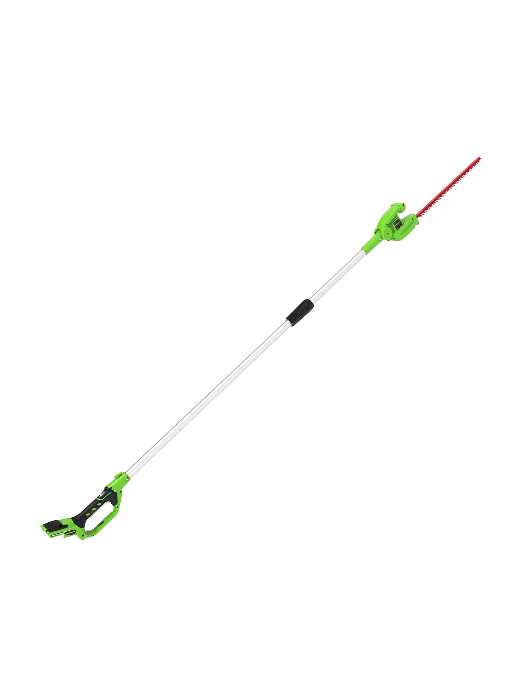 גוזם גדר חיה על מוט 51 ס״מ 24 וולט נטען, Greenworks G24PH51: הכלי במלוא אורכו באלכסון, הלהב האדום למעלה, גוף בלבד, על רקע לבן