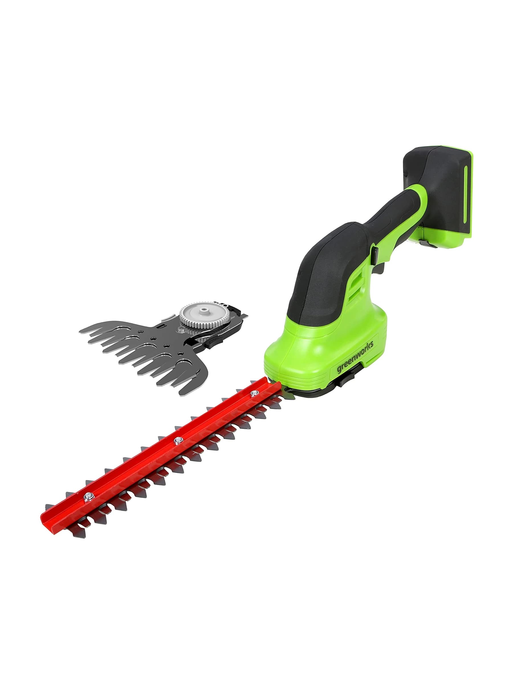מזמרה 24 וולט נטענת גוף בלבד, Greenworks G24SHT: המזמרה עם להב השיחים מורכב ולהב הדשא לצידה, על רקע לבן