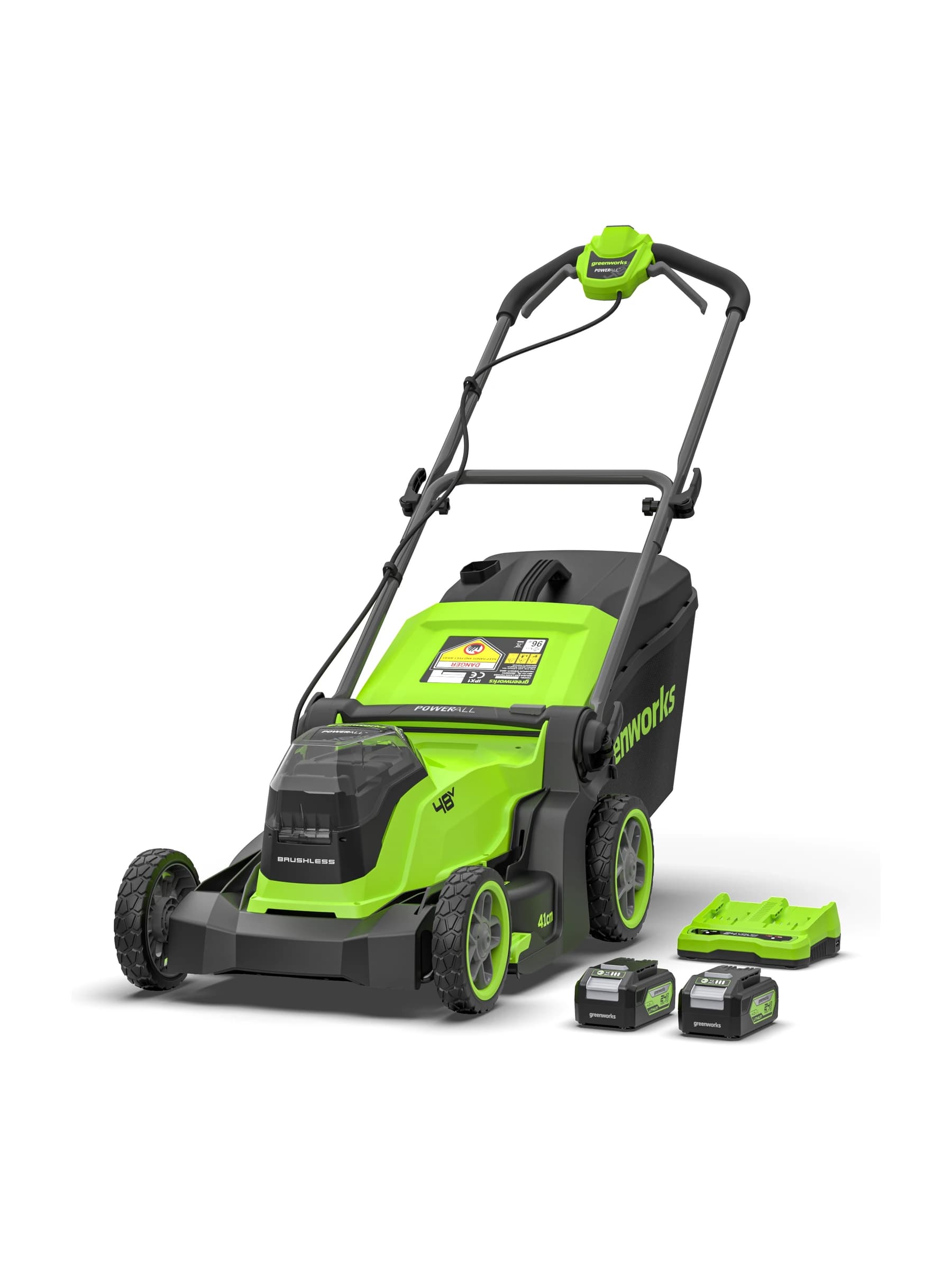 מכסחת דשא 41 ס״מ (16 אינץ׳) 48 וולט נטענת נדחפת, Greenworks LM4102: המכסחת עם שתי סוללות 2 אמפר ומטען כפול לצידה, על רקע לבן