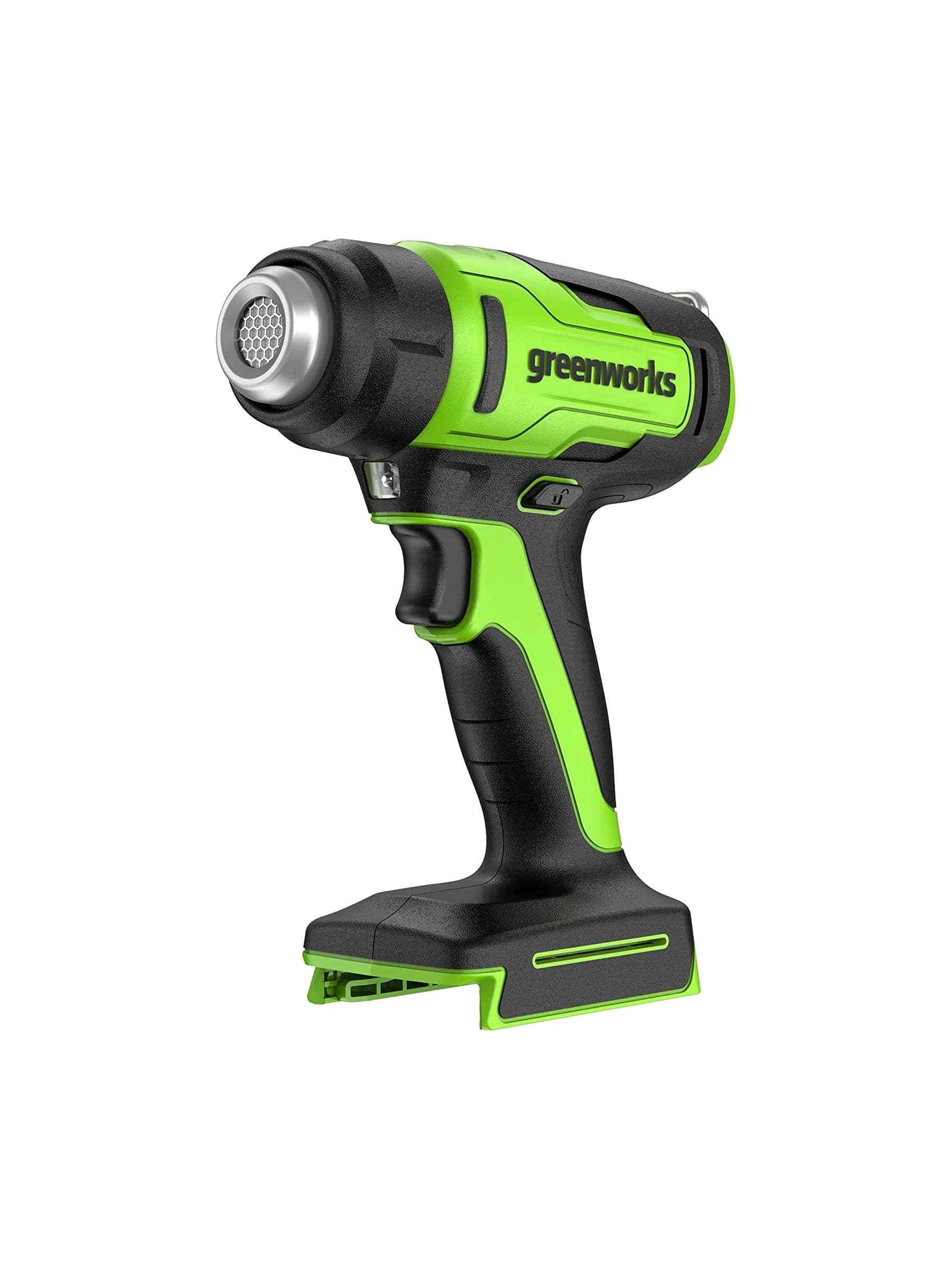 אקדח חום 24 וולט נטען עם סוללת 2 אמפר ומטען, Greenworks HGG301: אקדח החום לבדו, בלי סוללה, מבט מהצד על הפייה והידית, על רקע לבן