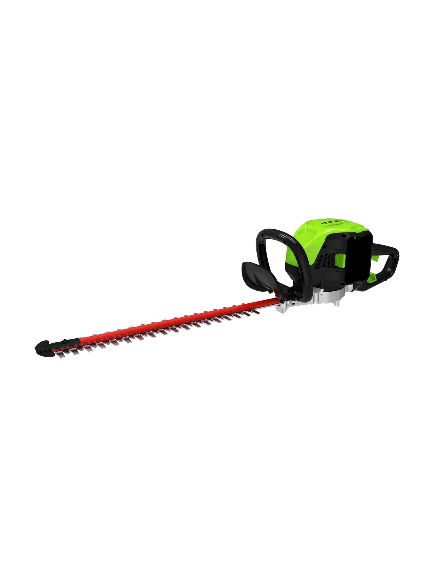 גוזם גדר חיה 80 וולט נטען, Greenworks HT80L213: גוזם הגדר מהצד עם להב אדום, גוף בלבד, על רקע לבן