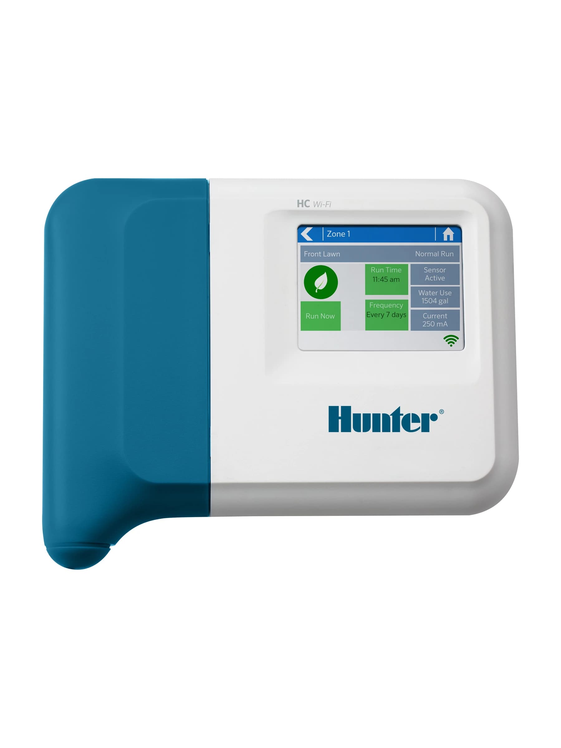בקר השקיה Hunter HC Hydrawise עם מסך מגע וכיסוי כחול