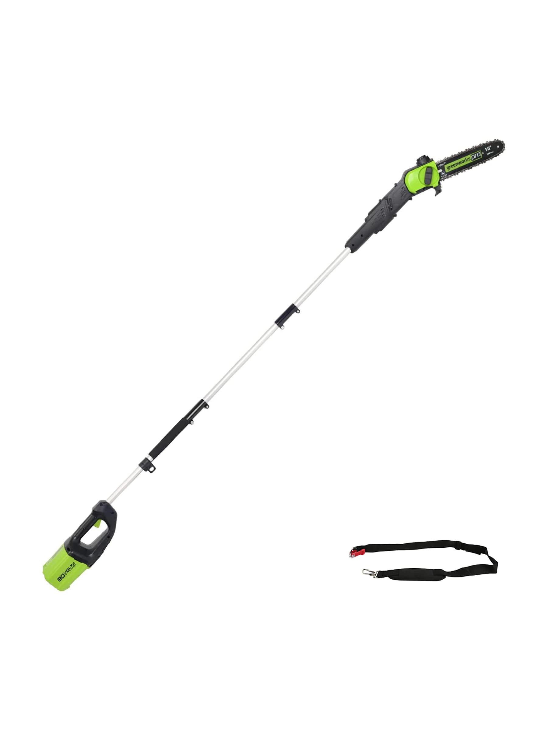 מסור גבהים 25 ס״מ 80 וולט נטען גוף בלבד, Greenworks PS80L00: הכלי במלוא אורכו באלכסון עם רצועת הכתף לצידו, על רקע לבן